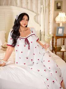 CottageSlumber Plus Size Romantic Floral Rose Print Contrast Color Lace Pajama Set Holiday Season - Rusty Rose - View 3