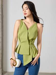 Heiryn Women's V-Neck Solid Color Sleeveless Shirt With Asymmetric Hem For Summer, Elegant Design, Sleeveless Tops