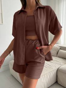 EURMUSE Conjunto feminino de camisola de cor sólida, camisa de manga curta e shorts - Castanho - Ver 4