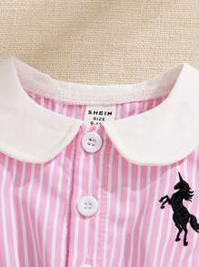 Newborn Baby Girl Collared Striped Fabric Bodysuit With Embroidered Pattern, Comfortable Casual Chic & Cute Summer Wear For All Occasions - Multicolor - View 3