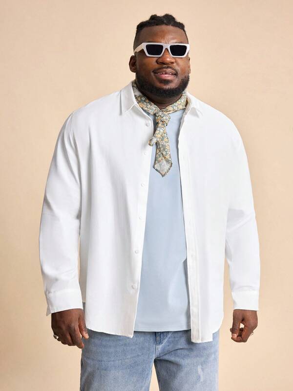 EASEVO Men Plus Size Solid Button Front Shirt Long Sleeve Plain White Work Basic Shirt