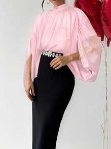 Firerie Elegant Women Ruched Top And Rhinestone Decor Skirt Set - Pink - View 7
