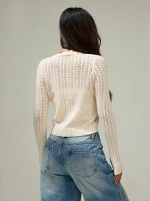 SHEIN PETITE 女士纯色简约长袖白色开衫、可爱毛衣、短款毛衣、针织毛衣、秋冬装、黄色女装、长袖上衣、女士办公室服装 - 杏色 - 查看 2