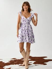 SHEIN LUNE Summer Romantic Boho Ditsy Floral Layered Ruffle Backless Bow Midi Dress, Western/Festival Style