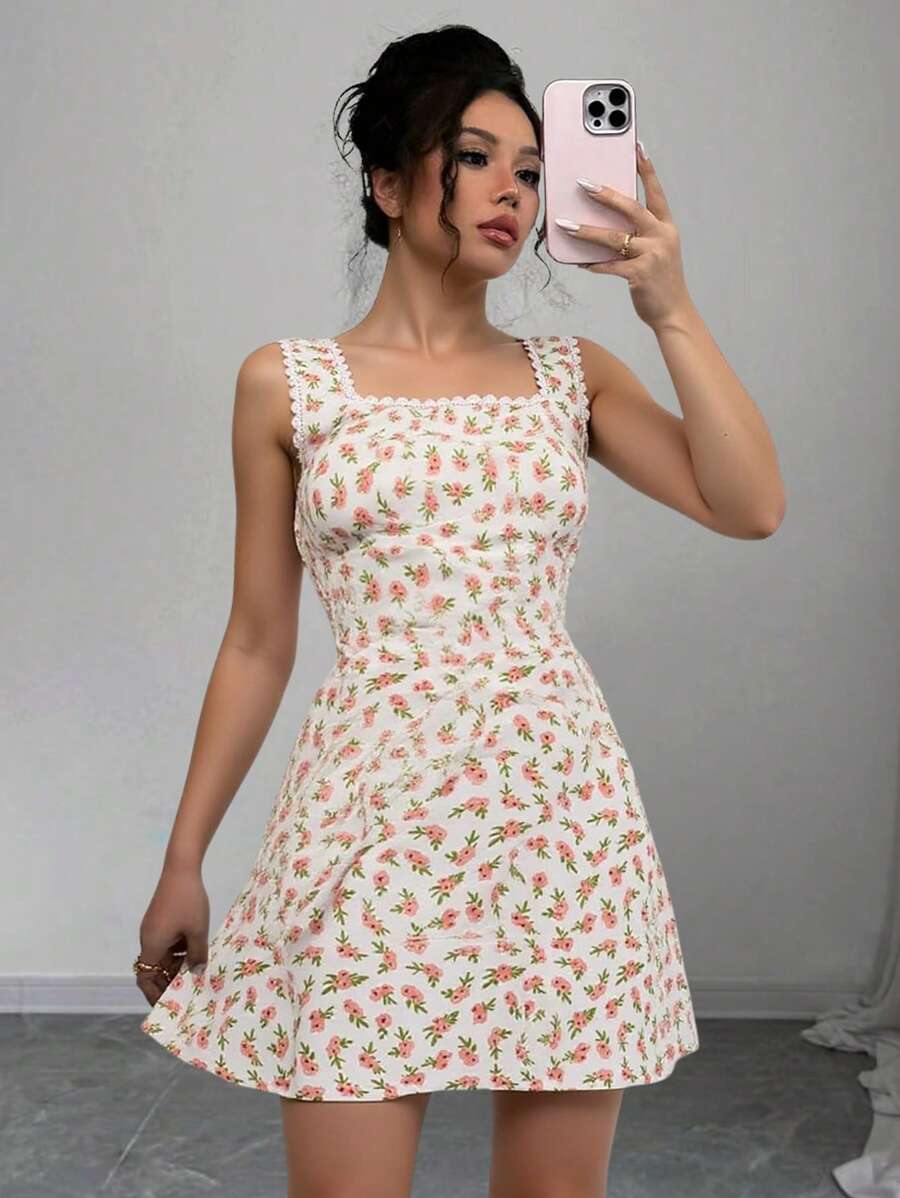 Chiquease Floral Print Lace Trim Square Neck Sleeveless Dress