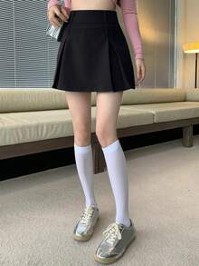 Women's Casual Solid Color Pleated Minimalist A-Line Skirt, Everyday Leisure School - Black - View 4