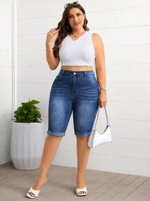 SHEIN Essnce Große Größen Farbverlauf Jeans Shorts mit Taschen, lässiger Sommerstil