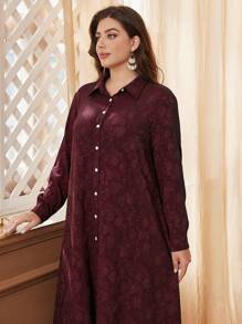 Mulvari 2pcs Textured Jacquard Contrast Button Plus Size Casual Set 2 Pieces Set Fall Cloth For Women - Burgundy - View 3