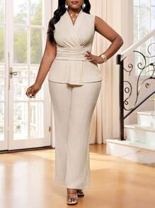 SHEIN Lady Spring And Summer Elegant Commuting Office Beige Knitted Textured Overlap Collar Ruffle Hem Long Bell Pants Sleeveless Plus Size Co-Ords Women Clothing Summer Two Pieces Summer Set Office Outfits For Women Summer Outfits For Women Summer Dresses For Women - Khaki - View 1