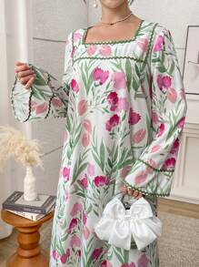 Yasmyna 女士花卉印花方领优雅长袖土耳其和阿拉伯传统卡夫坦，端庄 - 彩色 - 查看 4