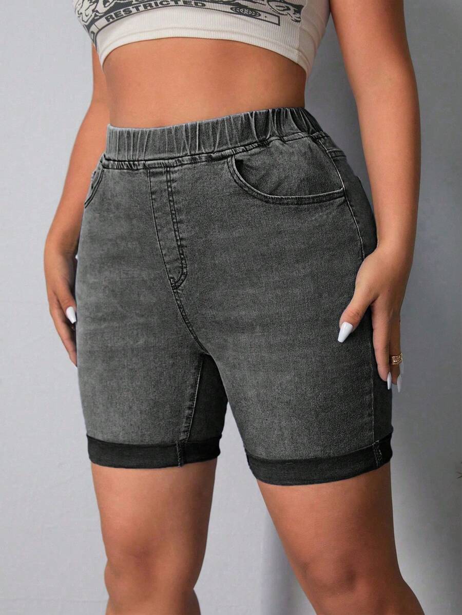 SHEIN LUNE Plus Size Denim Shorts, Fashion For Summer - Light Grey - View 1