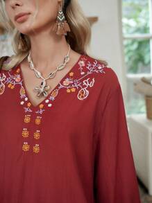 LanaWest Áo cánh vải lanh thêu Bohemian cho lễ hội âm nhạc đồng quê miền Tây mùa hè dành cho phụ nữ - Gỗ đỏ - Xem 3