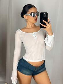 SHEIN ICON Fitted Plus Size Scoop Neck Ribbed Long Sleeve T-Shirt - White - View 3