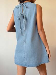 SHEIN EZwear 女式休闲宽松牛仔无袖迷你连衣裙，蓝色 - 淺色水洗藍 - 查看 2