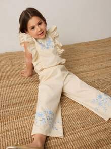 Maija Kids Maija Kids 2件套女童宽松休闲荷叶边花卉印花T恤和裤子套装 - 杏色 - 查看 3