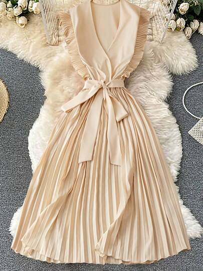 Rometta 大码女式优雅纯色荷叶边下摆百褶连衣裙，夏季