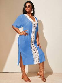 SHEIN Swim Curve Plus Size Handmade Crochet Short Sleeve Kaftan For Summer Beach Vacation