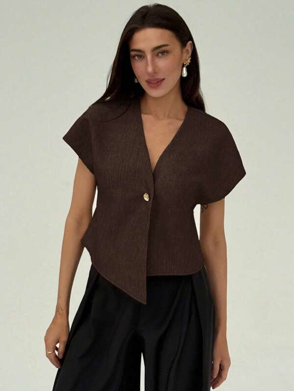 Aloruh Women Asymmetrical Hem Button Down Short Sleeve Casual Blouse, Summer