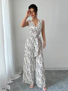 Elenzga 2025 Spring & Summer New Style Casual Black & Apricot Printed Vacation & Commute Cross V-Neck Cinched Waist Sleeveless Jumpsuit