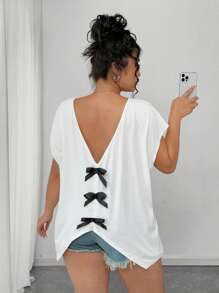Elenzga Plus Size V-Neck Bowknot Decor Short Sleeve T-Shirt - White - View 2