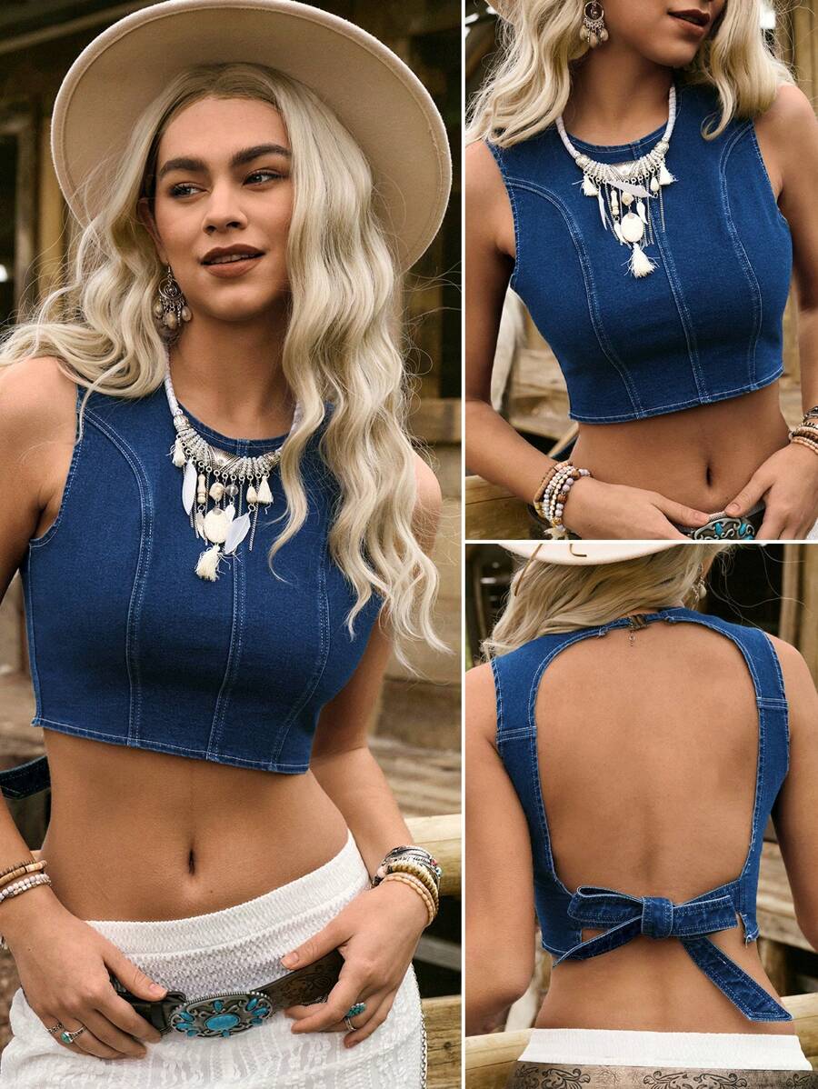 LanaWest Blusa de mezclilla sin mangas con decoración de lazo para mujer - Azul lavado oscuro - Ver 1