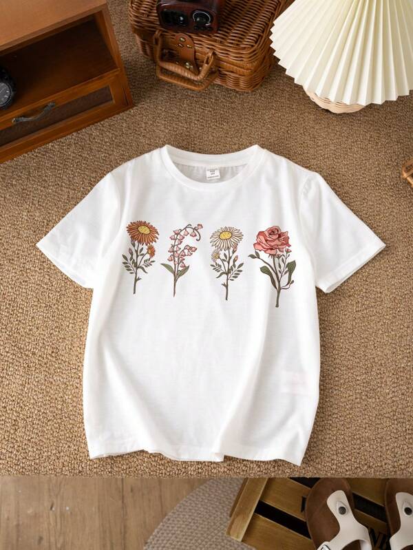 SHEIN Floral Print, Tween Girl's Simple Short Sleeve Round Neck T-Shirt Suitable For Spring And Summer