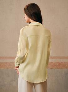 Anewsta 女士梭织串珠宽松优雅经典衬衫，适合老款、端庄、春季 - 黃色 - 查看 7