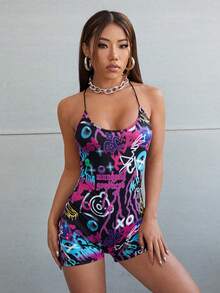 SHEIN ICON Mono unitard de tirantes con estampado de dibujo - Multicolor - Ver 3