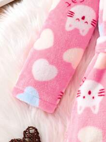 Young Girl Cute Knitted Flannel Multi-Color Heart Cat Ear Hooded Long Sleeve Open Front Belted Robe, Soft & Comfortable For Home Wear - Baby Pink - View 4