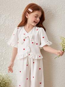 Blossori Young Girls Country Style Heart Pattern Shirt/Pants Set - Multicolor - View 5