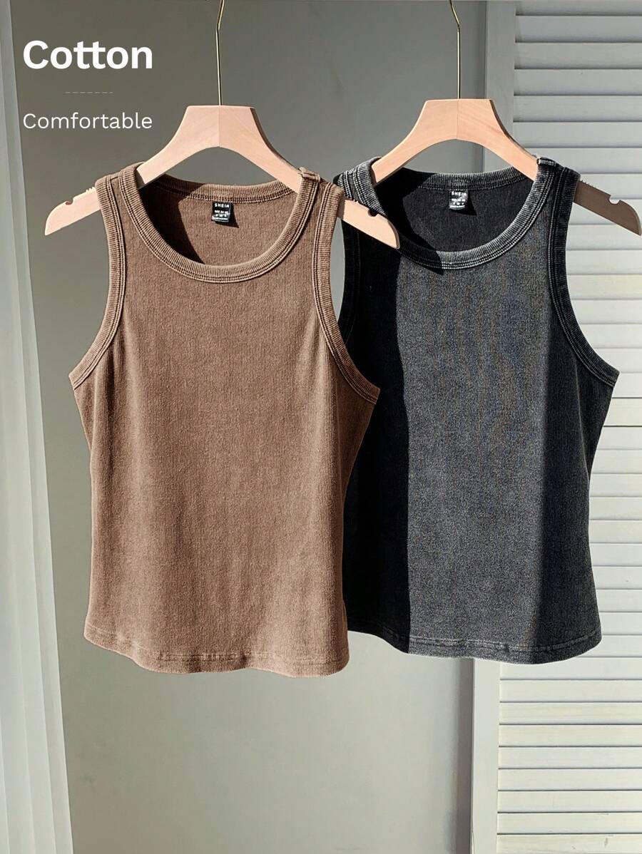 Comfortcana Bộ đồ lót dệt kim ôm sát 2 món phong cách cổ điển mùa hè dành cho nữ - Màu Khaki - Xem 1