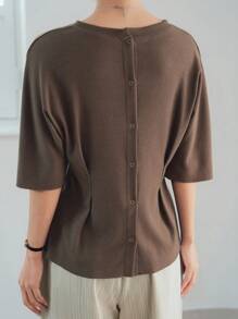 Dazy-Less Camicetta estiva da donna in maglia piisseggiata con bottoni, tinta unita, stile casual business, vita stringata, maniche corte con fiocco sul retro