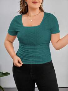 SHEIN Privé 大码夏季休闲简约镂空刺绣圆领修身T恤 - 綠色 - 查看 4