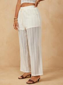 L'Amorae Plus Size Women Solid Color Waist Tie Straight Loose Casual Long Pants - Apricot - View 3