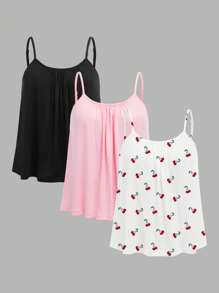 SHEIN Comfortcana Bộ 3 áo hai dây dáng rộng, màu trơn và in hình quả anh đào, cỡ lớn dành cho nữ, có dây đeo điều chỉnh được, thích hợp cho mùa xuân/hè. - Nhiều màu - Xem 1