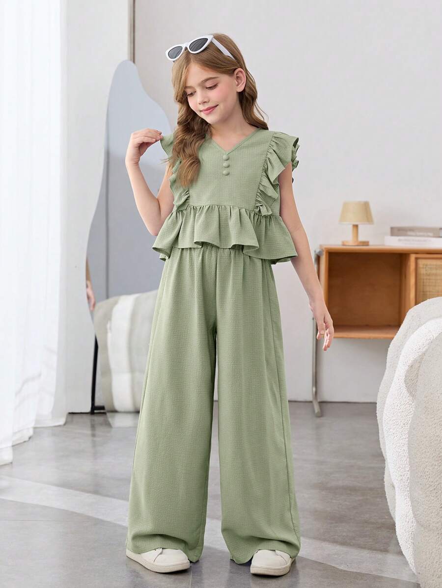 SHEIN Leap Crew 少女两件套：V 领荷叶边衬衫和蝴蝶结阔腿裤，休闲度假装，乡村时尚风格，适合春季花园茶 - 薄荷綠 - 查看 1
