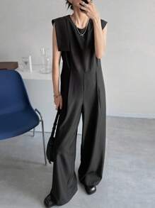 FRIFUL Women's Solid Color Pleated Wide Leg Jumpsuit, Casual Wear For Festivals, Concerts