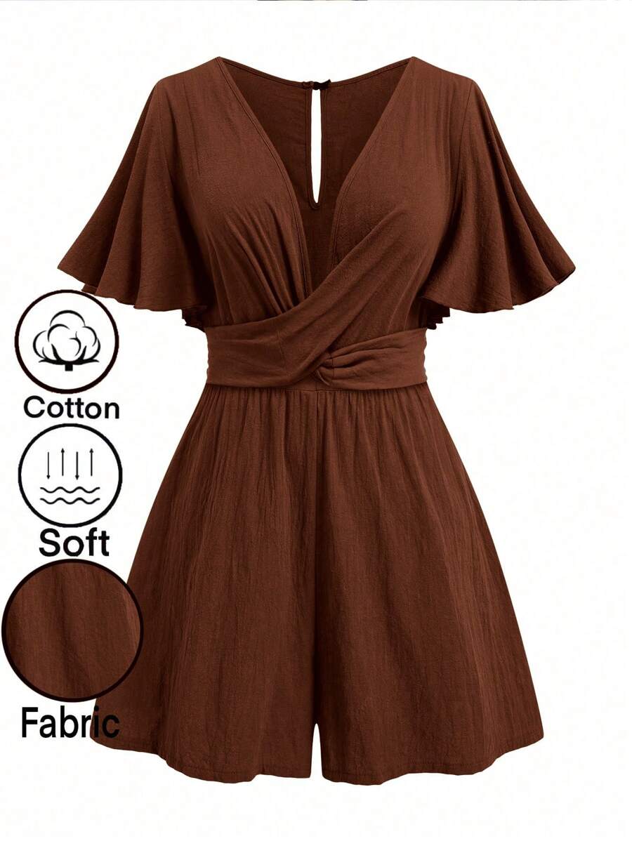SHEIN LUNE Plus Size Summer Simple Twist Solid Color Textured Ruffle Sleeve Jumpsuit