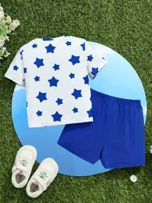 Teletubbies X SHEIN 2 件装男婴卡通星星印花撞色短袖 T 恤和短裤夏季服装 - 藍色 - 查看 2