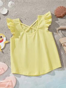 BABY SHARK X SHEIN Young Girl Cartoon Cute Shark Print Ruffle Top - Yellow - View 3