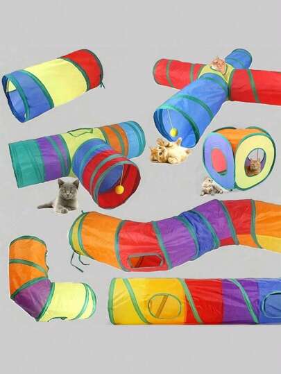 Jucărie colorată pentru tunel pentru animale de companie, direct, în 4 direcții, în formă de S, în formă de L, mai multe stiluri pot fi combinate DIY, tunel pliabil pentru pisici cu bile - jucărie interactivă pentru pisici, distracție fără sfârșit (culoare aleatorie)