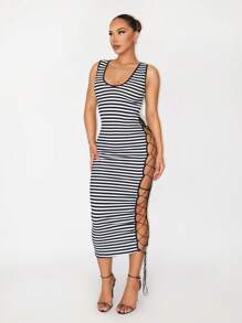 Zolique 女式条纹系带无袖紧身迷你连衣裙 - 黑色 - 查看 3