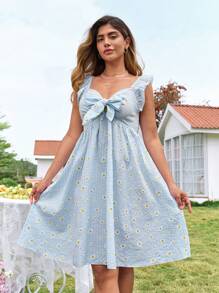 KURAYIA Plus Size Women's Deep V-Neck Bowknot Front Gathered Waist A-Line Dress,Daisy Print Pleated Fabric,Blue And White,Summer,Cute,Picnic,Holiday Vacation - Blue - View 3