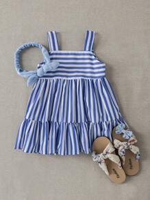 PrepCrw Baby Mädchen ärmelloses blau-weiß gestreiftes Kleid mit Kragen, süßes Sommer-Urlaubs-Mädchen-Schuluniform, Baby Mädchen Outfit für den ersten Schultag - Blau-Weiß - Übersicht 2
