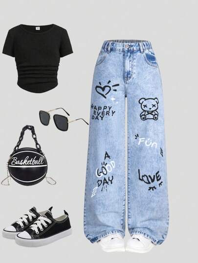 SHEIN Tween Girls Y2K Style Vintage Wash Effect Dark Color Heart & Bear Graphic Print Casual Versatile All-Match Jeans, Relaxed Straight Leg, Daily Wear, School, Campus, College Summer Holiday