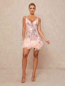 Lumalex 秋冬季优雅派对/婚礼宾客迷你连衣裙，魅力优雅，秋季新款，女士奢华舞会聚会宴会低调奢华，闪耀节日派对狂欢节郊游度假热门户外丰富层次婚礼季宴会身份证件，宰牲节派对新年时尚秋季新款女士盛大晚宴精致浪漫 - 粉色 - 查看 9