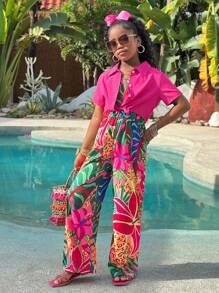 2 件套女童休闲花卉印花连体衣和紫红色衬衫夹克，舒适的岛屿风格夏季服装