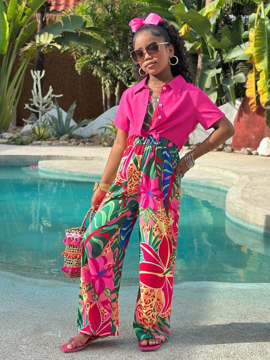 2 件套女童休闲花卉印花连体衣和紫红色衬衫夹克，舒适的岛屿风格夏季服装