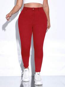 SHEIN ICON 大码女式休闲纯色斜口袋紧身牛仔裤 - 紅色 - 查看 7