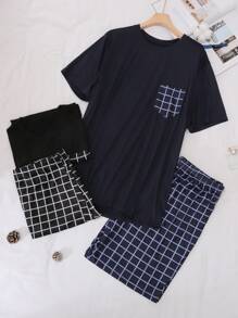 Conjunto de pijama de verano para hombres con parte superior de manga corta y pantalones cortos de estampado a cuadros cómodos